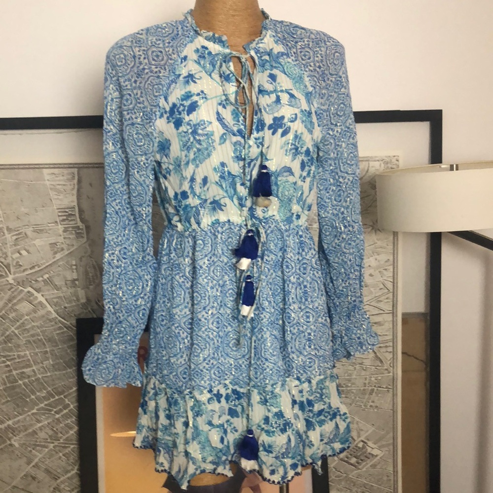 HEMANT & NANDITA Blue Floral Tie-Front Long Sleeve Dress Size M